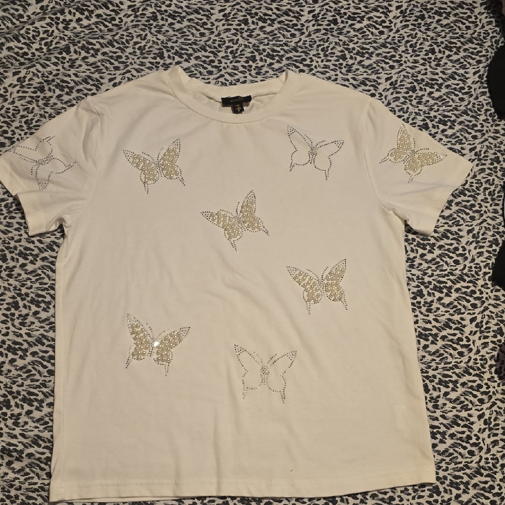Women's White Butterfly Embellished Top